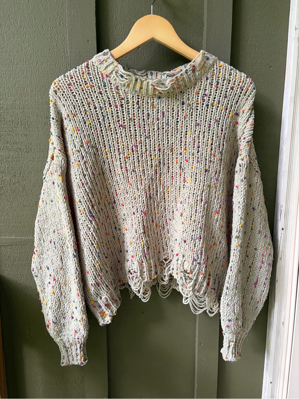 POL Light Green Multicolor Speckle Knit Distressed Boho Crewneck Sweater Medium